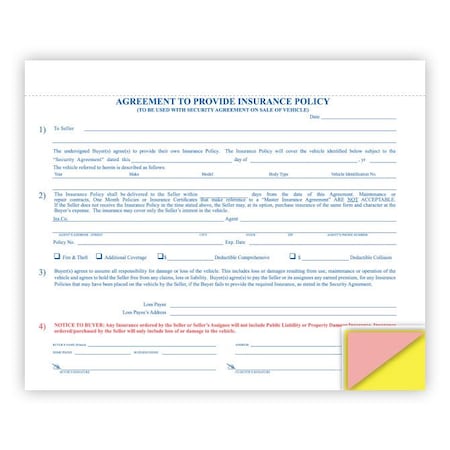 Car Dealer Depot Agreement To Furnish InsurancePolicy, 8 1/2" X 7"- 4 Part, 100 Per Pk Pk 4810